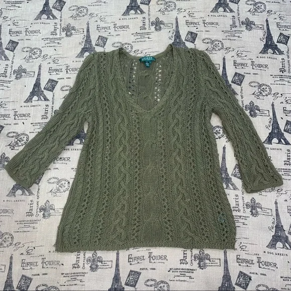 Lauren Ralph Lauren Olive Green Mercerized Cotton Crochet Eyelet V Neck Sweater - Picture 7 of 13